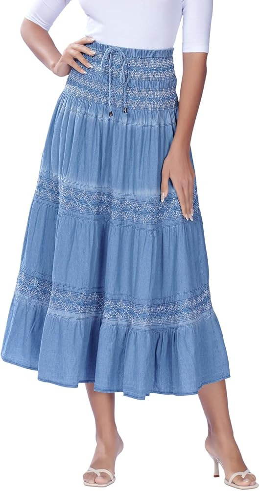DREFBUFY Maxi Skirt Womens High Waist Pleated Tiered Long Skirts Denim Casual Style Midi Dress fo... | Amazon (US)