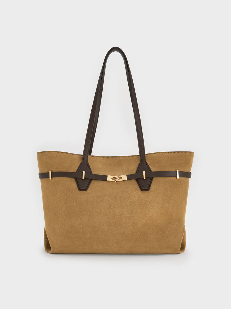 Arlet Recycled Suede Double-Handle Belted Tote Bag - Sahara Sand | Charles & Keith UK