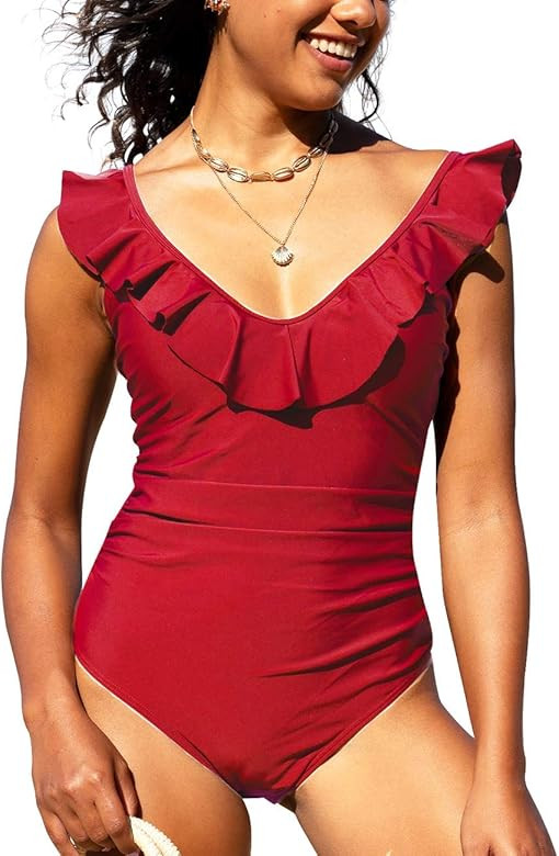 Hilor Women's One Piece Swimsuits V Neck Ruffled Swimwear Shirred Monokini Bathing Suit Tummy Con... | Amazon (US)