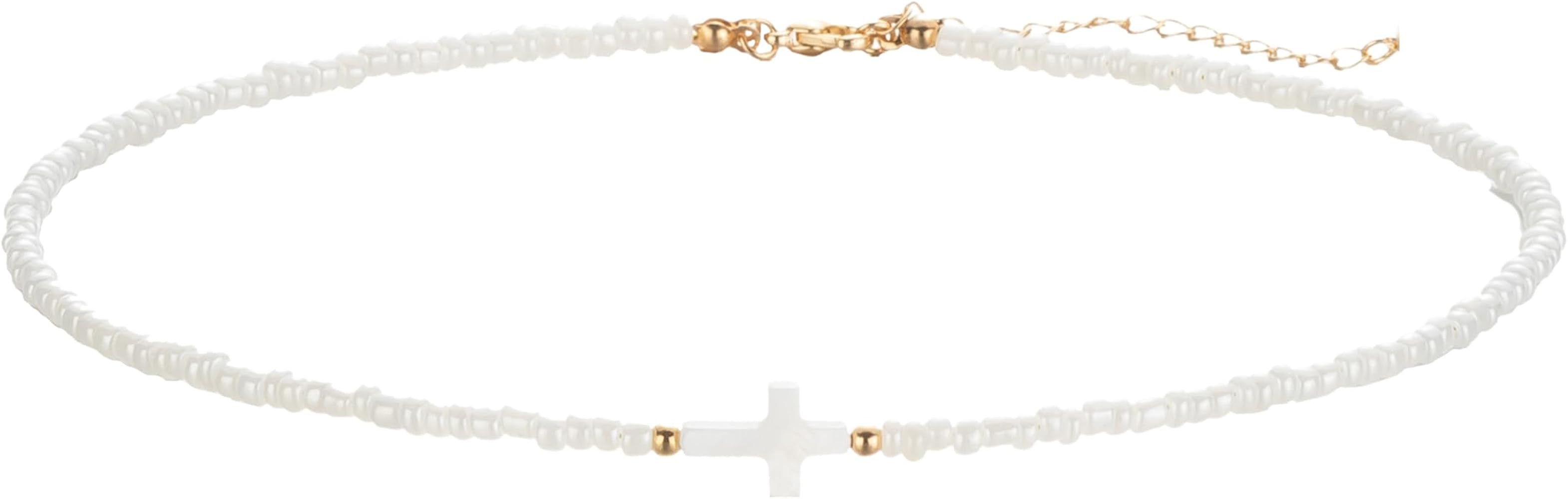 Sideways Shell Cross Seed Bead Choker Necklace for Women, Cute Small Cross Beach White Beaded Nec... | Amazon (US)
