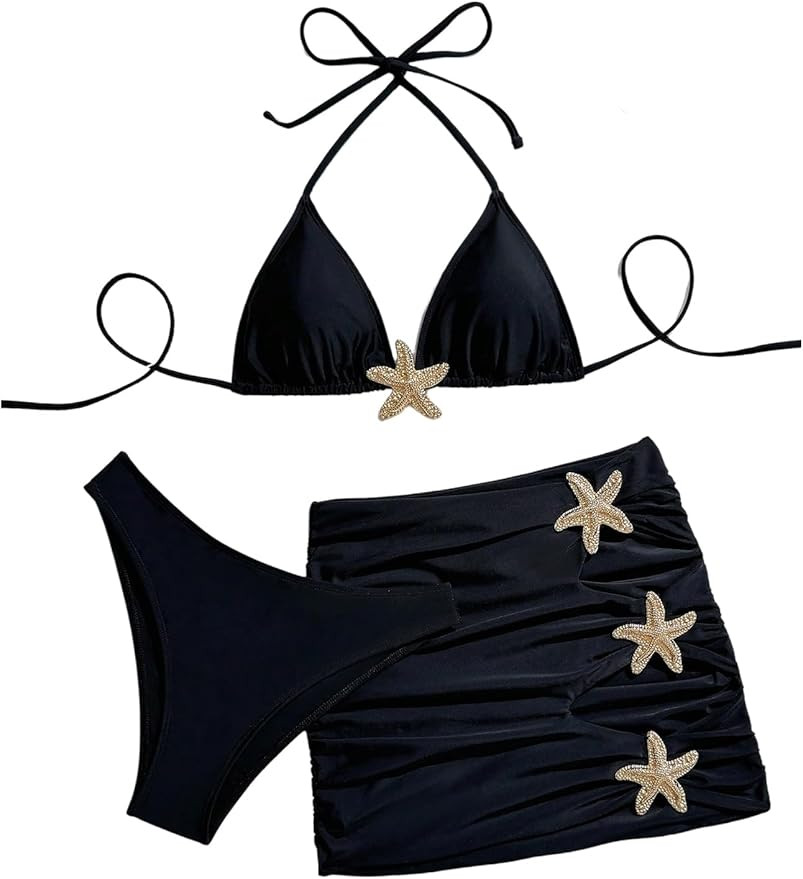 Verdusa Women's 3 Piece Boho Starfish Halter Bikini Set Tie Backless Swimsuit with Beach Cover Up... | Amazon (US)