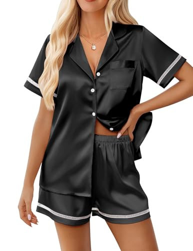 Ekouaer Womens Silk Pajama Sets Button Up Satin Pjs Short Sleeve 2 Piece Pj Sets Cute Lounge Sets with Chest Pocket A Black | Amazon (US)
