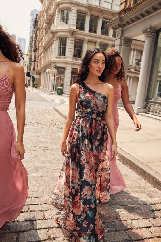 Bringing the Charm Black Floral Organza One-Shoulder Maxi Dress | Lulus