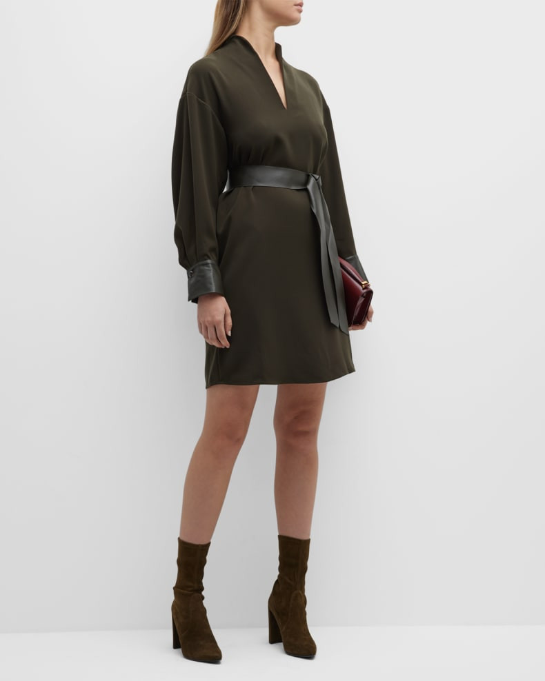 Vince Long-Sleeve Slit-Neck Mini Dress | Neiman Marcus
