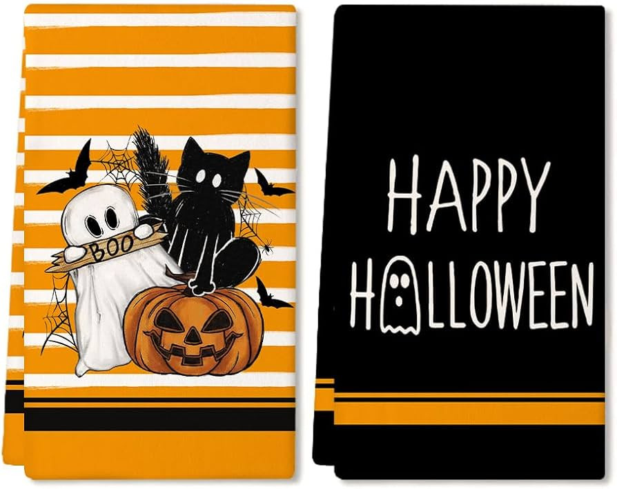 ARKENY Halloween Kitchen Towels Set of 2,Black Ghost Pumpkin Stripes Dish Towels 18x26 Inch Dryin... | Amazon (US)