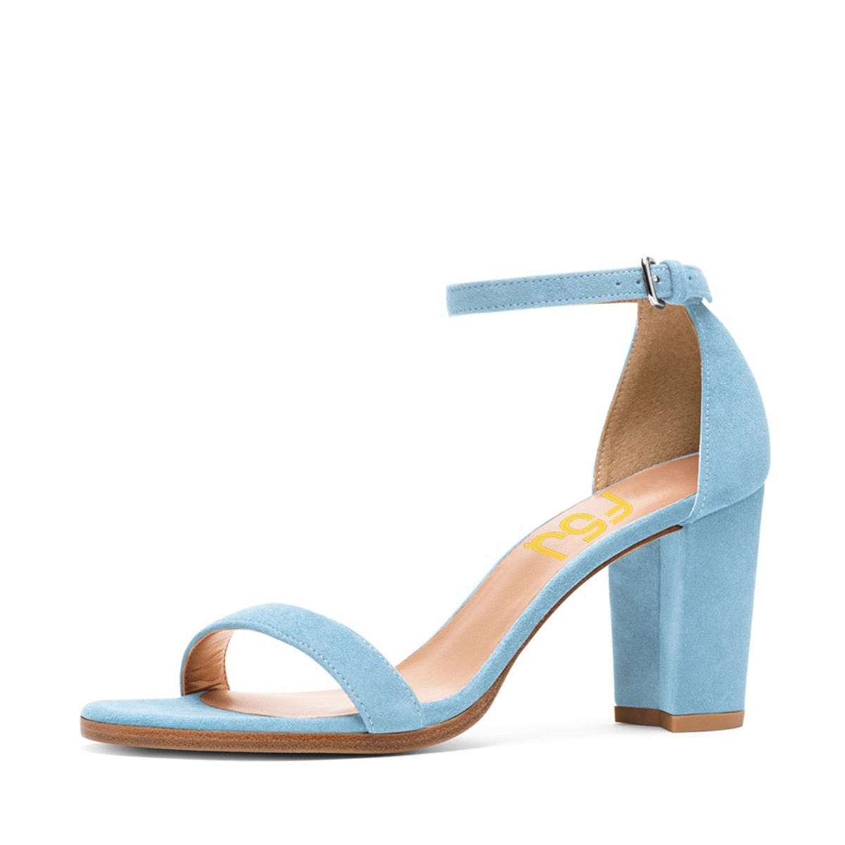 Light Blue Ankle Strap Sandals Suede Block Heels for Ladies | FSJshoes