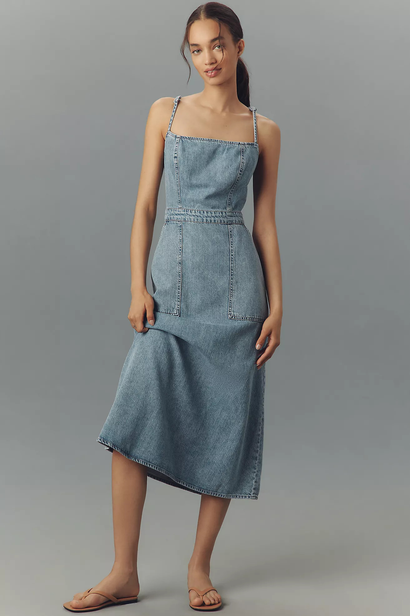 Good American Lite Linen Denim Midi Dress | Anthropologie (US)