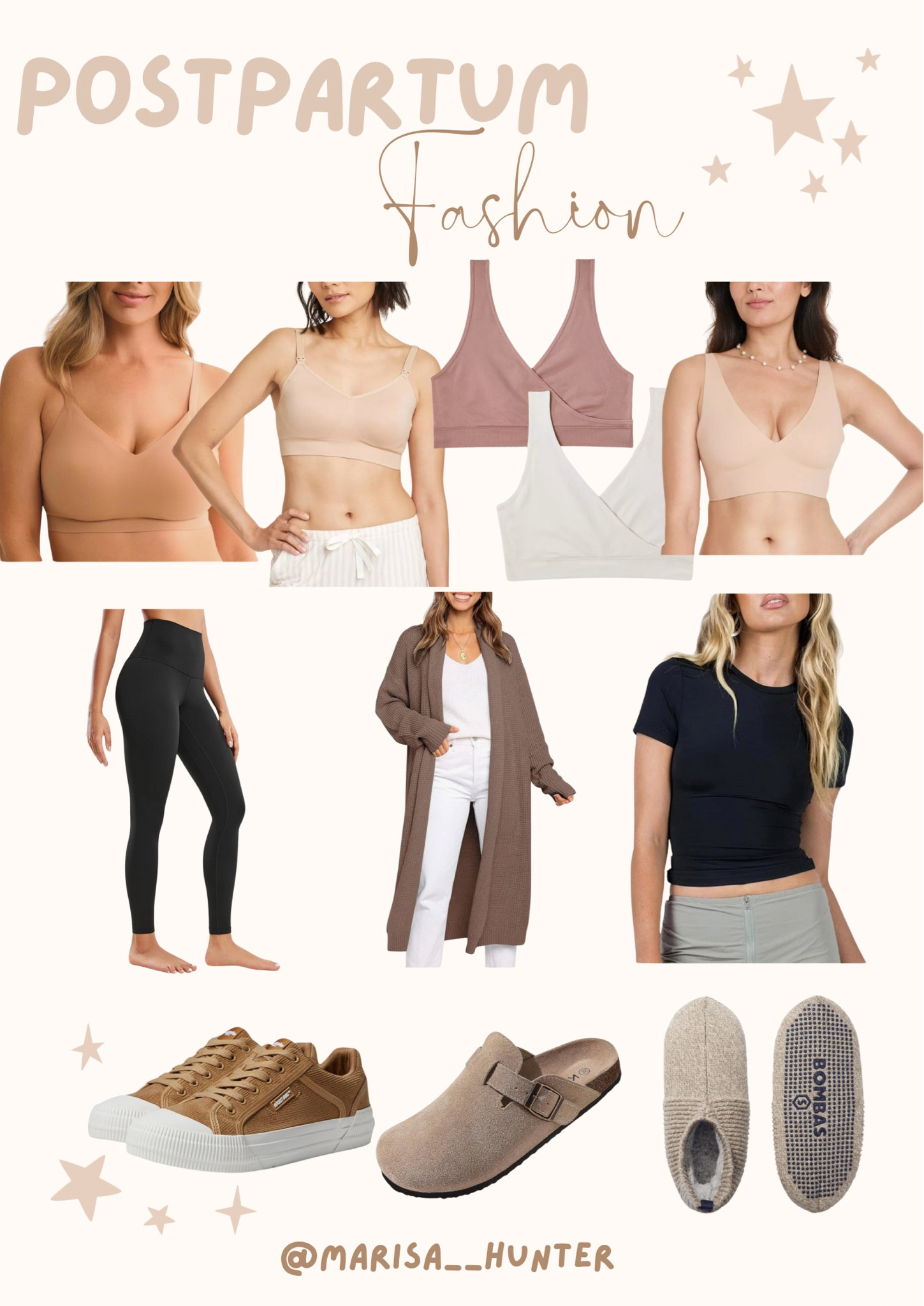 Postpartum fashion

Nursing bras high waisted leggings cardigan, basic black shirt, nonslip shoes, slip on tennis shoes