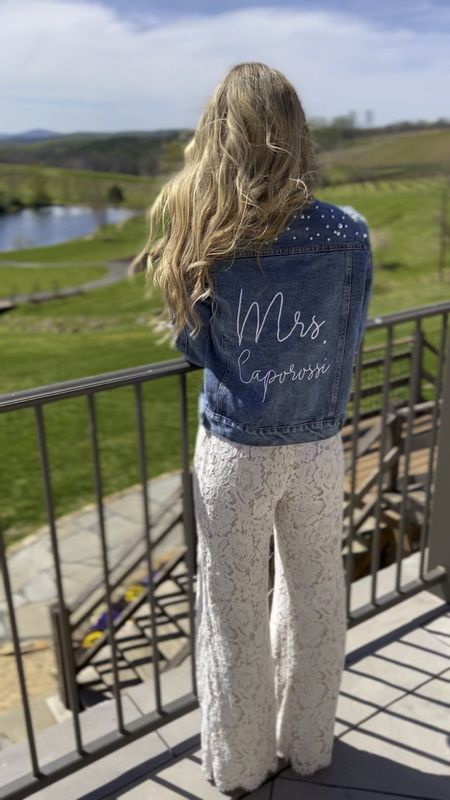 Bridal Outfit 💍✨ This personalized denim jacket with pearl detail is perfect for a bachelorette trip, bridal shower, engagement pictures, wedding reception, after party, honeymoon, girl's trip, or anniversary! The jean jacket can be customized with the bride’s new name! The wedding date can even be embroidered along the collar! This makes a great gift for a bride or teacher! 

Pair this custom bridal denim jacket with the timeless, white lace jumpsuit + personalized bridal clutch! The customized beaded bridal purse can display the bride’s name. It can also display the wedding date on the inside, making it the perfect bridal shower or wedding day gift! A sentimental detail to add to wedding photos! It is big enough for the bride to store all of her essentials in a classy way! 


Bridal Outfit, Bride Outfit, Wedding Day, Wedding Reception Outfit, elopement outfit, bachelorette outfit, bridal shower outfit, engagement party outfit, white jumpsuit, bridal jumpsuit, lace jumpsuit, denim jacket, pearl jean jacket, custom gift, personalized bridal gift, Getting Ready, Bride Gift, Bridal Shower gift, Getting Ready Photos, Wedding Morning, Bridal Outfit, Bride, Bridesmaid, Gift for Her, Bachelorette party Outfit, engagement pictures outfit, wedding party outfit, bridal outfit, bride outfit, spring bride, summer bride, fall bride, Wedding Photos, Wedding Hair, Honeymoon, Girl's Trip, Engaged, Wedding Inspo, Wedding Inspiration, Valentine's Day, engagement Gift, Bridal Shower, Amazon Finds, Lulus, Pearl Earrings, Revolve, pearl bracelets, bridal shoes, bridal heels, wedding shoes, wedding heels, bridal accessories, wedding accessories, bride purse, bridal purse, beaded clutch, personalized purse, custom bag, white satin heels, pearl heels 

#LTKfindsunder100 #LTKwedding #LTKstyletip