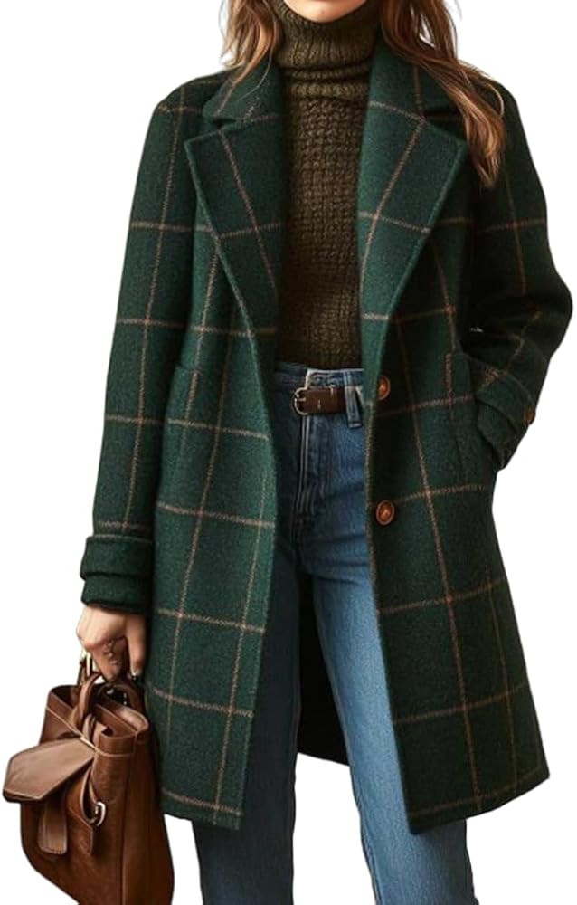 Womens Long Wool Plaid Coat Fall Winter Trench Coat Casual Blazer Jacket Peacoat Cardigan Overcoa... | Amazon (US)