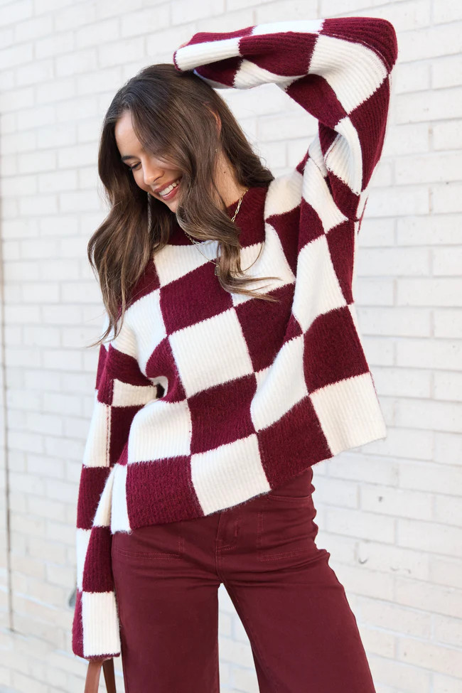 Raylee Burgundy Checkered Crewneck Sweater DOORBUSTER | Pink Lily