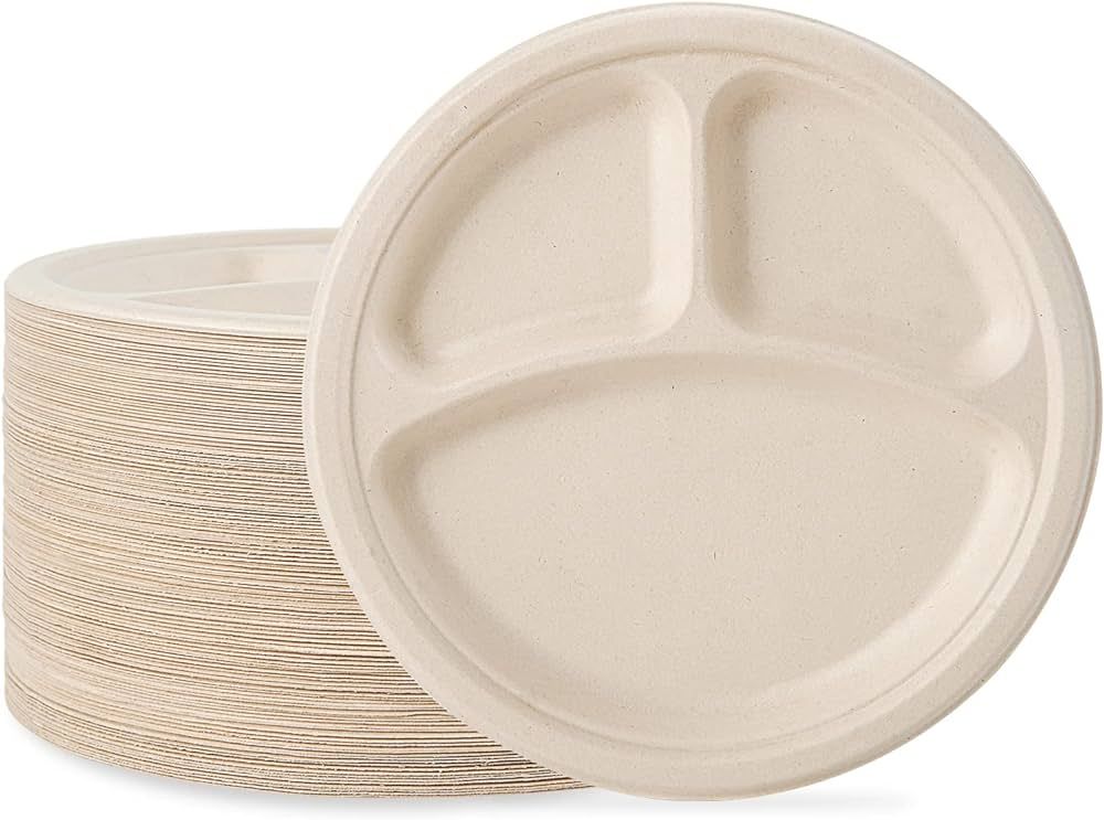 ECOLipak 125 Pack Compostable 3 Compartment Plates, 8.85 inch Heavy-Duty Disposable Paper Plates,... | Amazon (US)