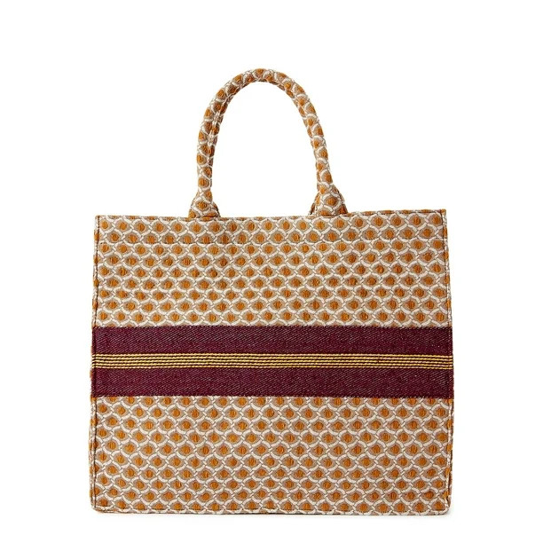 Time and Tru Women's Large Woven Tote Bag Gold Burgundy - Walmart.com | Walmart (US)