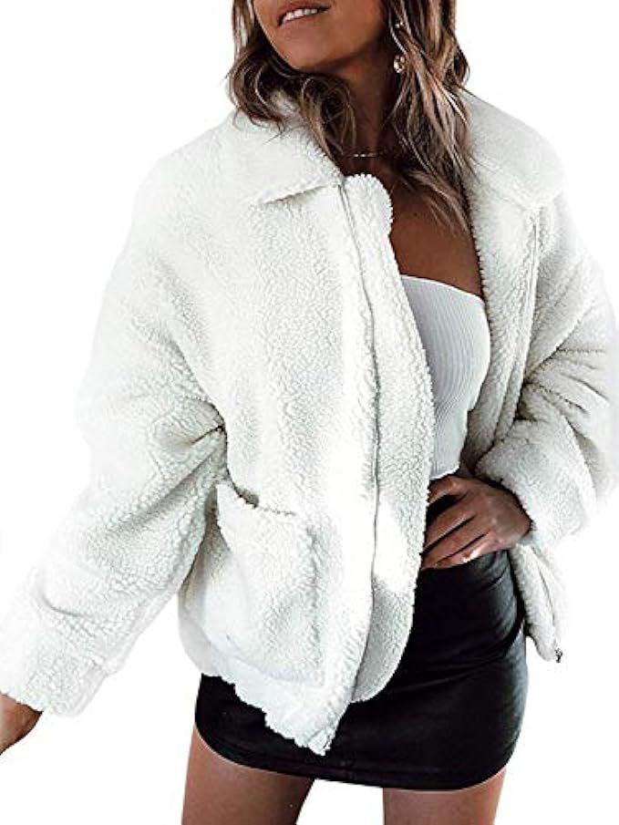 SENSERISE Womens Winter Warm Oversized Lapel Fleece Jacket Zip Up Faux Shearling Coat Outwear | Amazon (US)