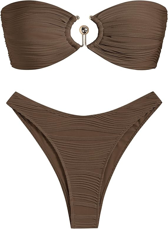 ZAFUL Womens Bandeau Bikini Set Metallic Sparkly O Ring Lace Up Tie Side High Cut Tanga Sexy Bath... | Amazon (US)
