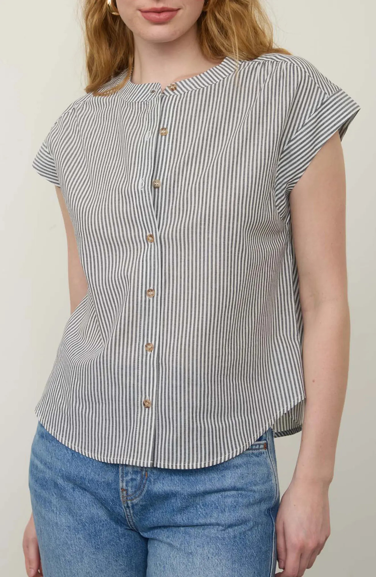 Blu Pepper Stripe Cap Sleeve Button-Up Top (Women) | Nordstromrack | Nordstrom Rack
