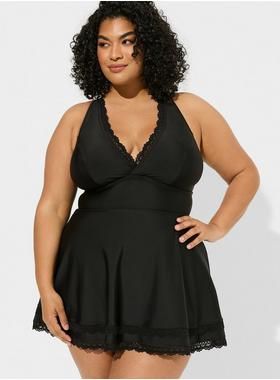 Wireless Mid Lace Trimmed Swim Dress With Brief | Torrid (US & Canada)