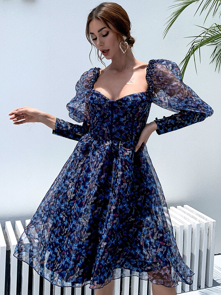 Missord Sweetheart Neck Gigot Sleeve Butterfly Mesh Dress | SHEIN