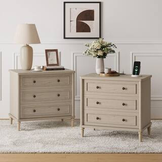 (Set of 2)Sunlit Oak 30 in. W Traditional 3-Drawer Nightstand with Power Outlets, USB Port and Vi... | The Home Depot