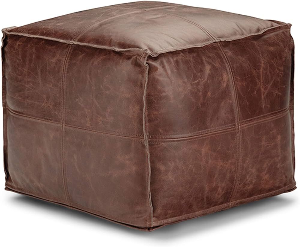 SIMPLIHOME Sheffield Square Pouf, Footstool, Upholstered in Brown Leather, for the Living Room, B... | Amazon (US)