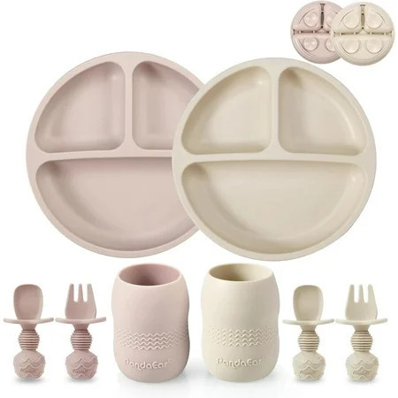 PandaEar Silicone Baby Feeding Set, 2 Pack - Divided Suction Plate, 2 Tiny Cup with Spoons, BPA Free, Light Tan/Pink | Walmart (US)