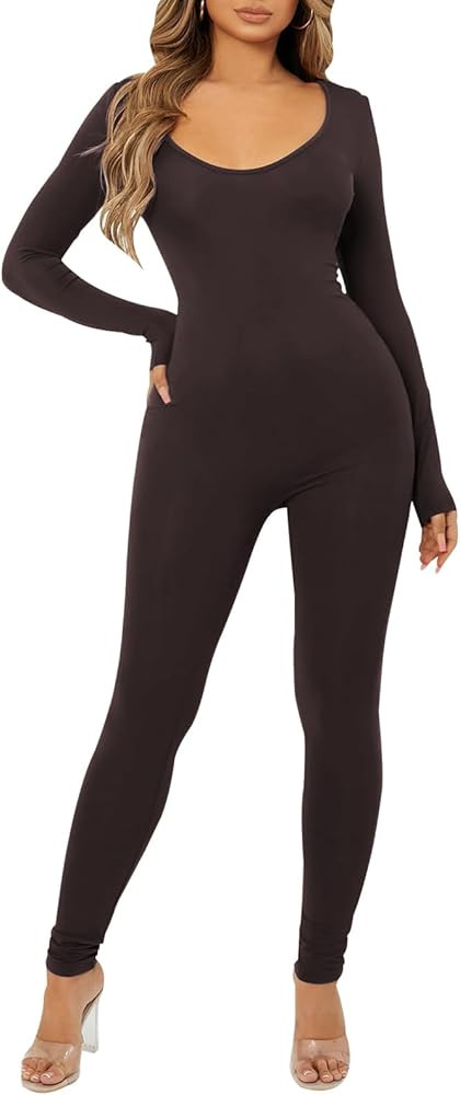 PerZeal Womens One Piece Bodycon Bodysuit Long Sleeve Jumpsuits Scoop Neck Long Rompers Skinny Yo... | Amazon (US)