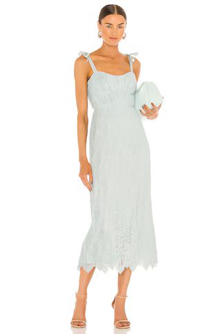 JONATHAN SIMKHAI Bonnie Silk Lace Plisse Strapless Bustier Midi Dress in Tide from Revolve.com | Revolve Clothing (Global)
