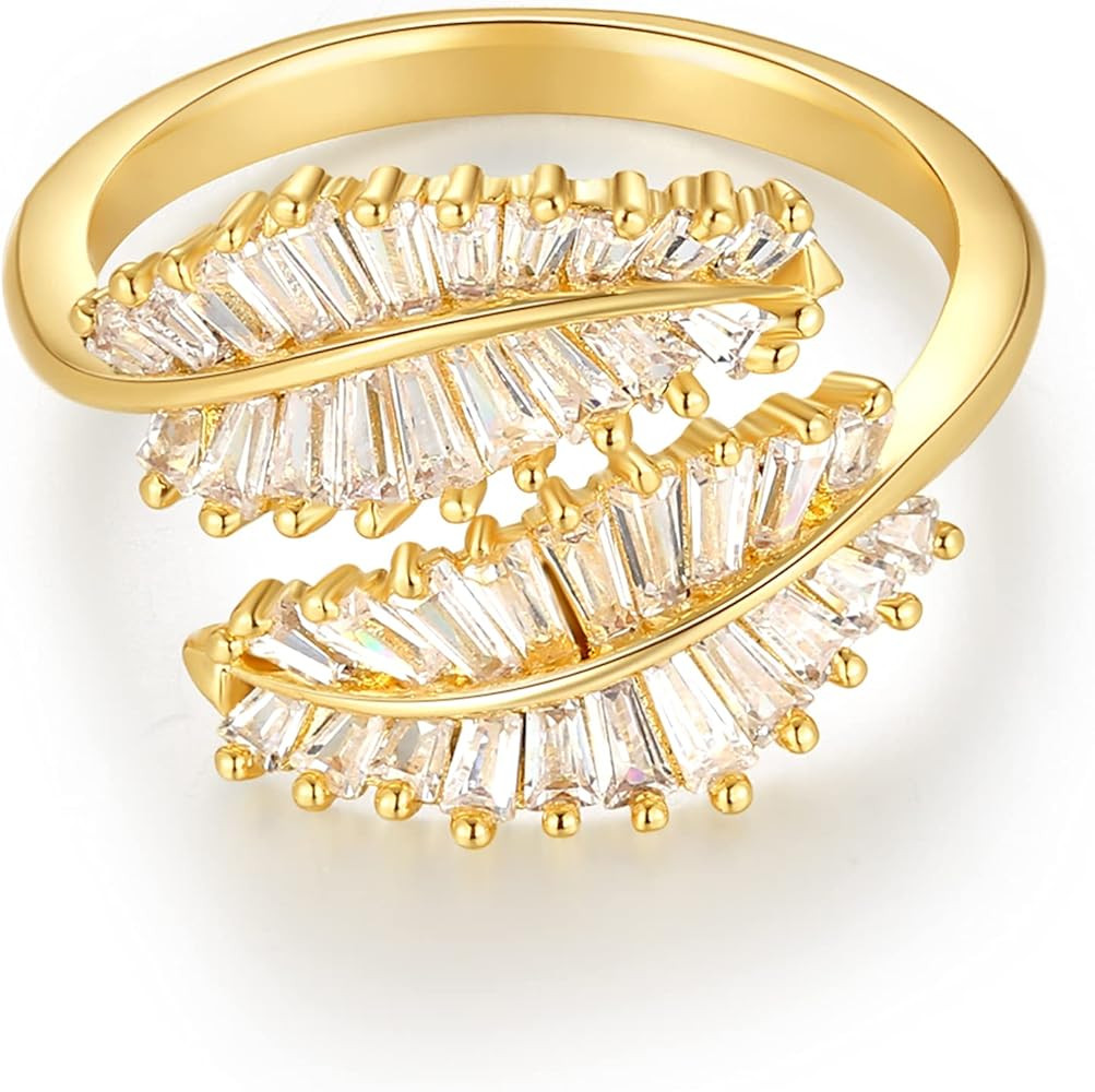 Vescence 18K Gold Plated CZ Open Ring Double Leaf Wrap Rings Adjustable | CZ Stacking Ring in Gol... | Amazon (US)
