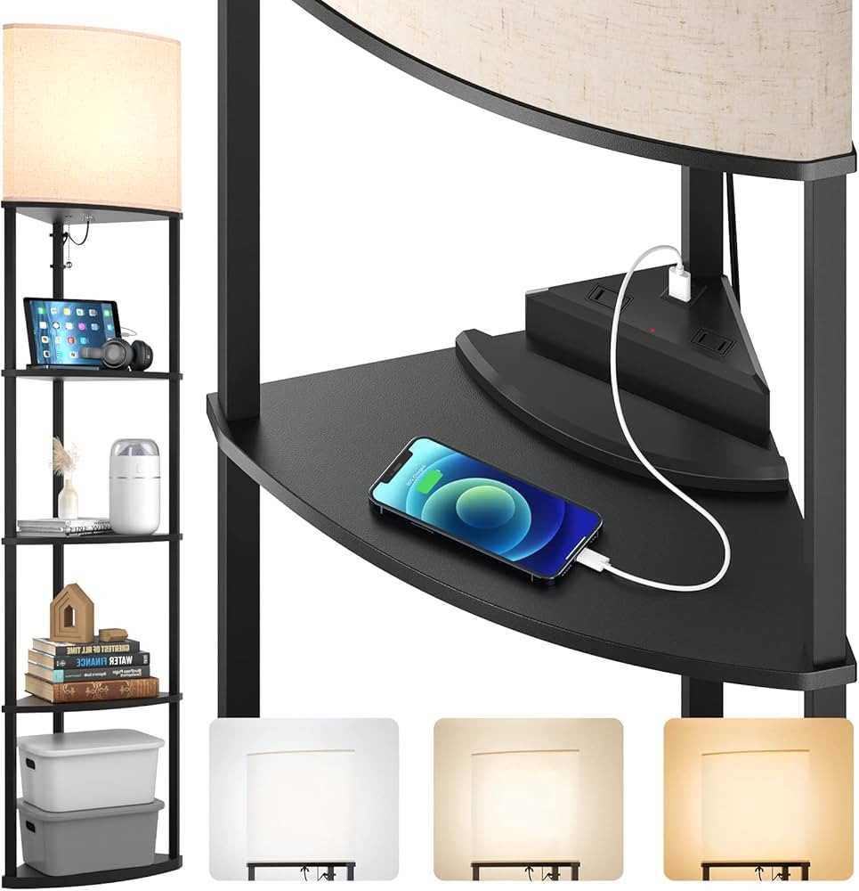 addlon 5-Tier Corner Shelf Floor Lamp with Type C, USB Port & 1 Power Outlet and 3CCT LED Bulb, M... | Amazon (US)
