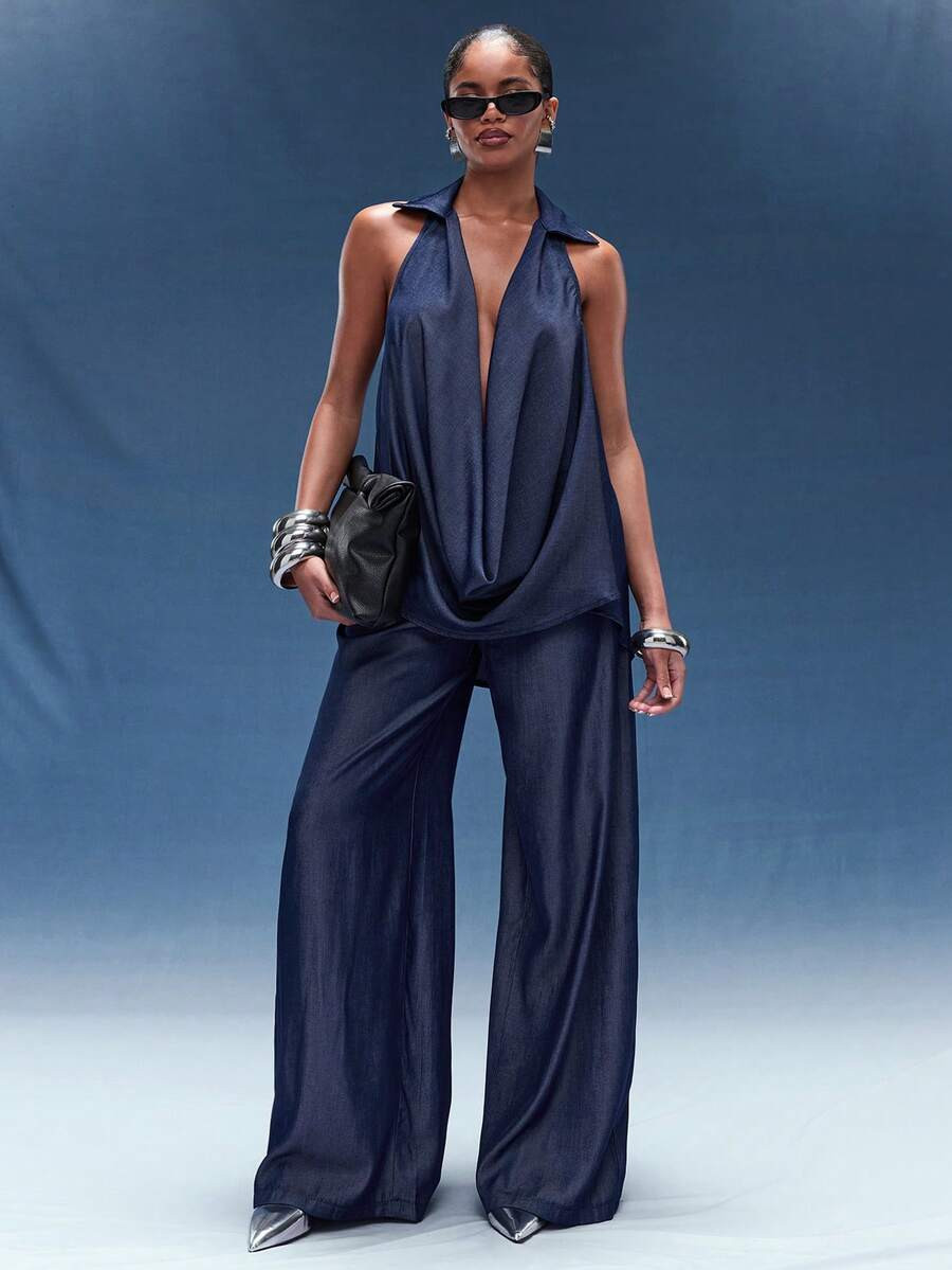 Normani 2 Pieces Collared Plunge Neck Halter Top And Wide Peg Pant Set | SHEIN
