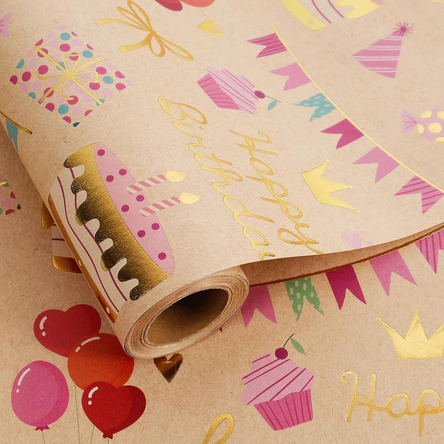Aimyoo Birthday Wrapping Paper Roll - 17 Inch x 16.4 Feet - Gold Foil Celebration Cake, Gift Box,Happy Birthday Lettering Design Gift Wrap for Kids, Baby Showers | Amazon (US)