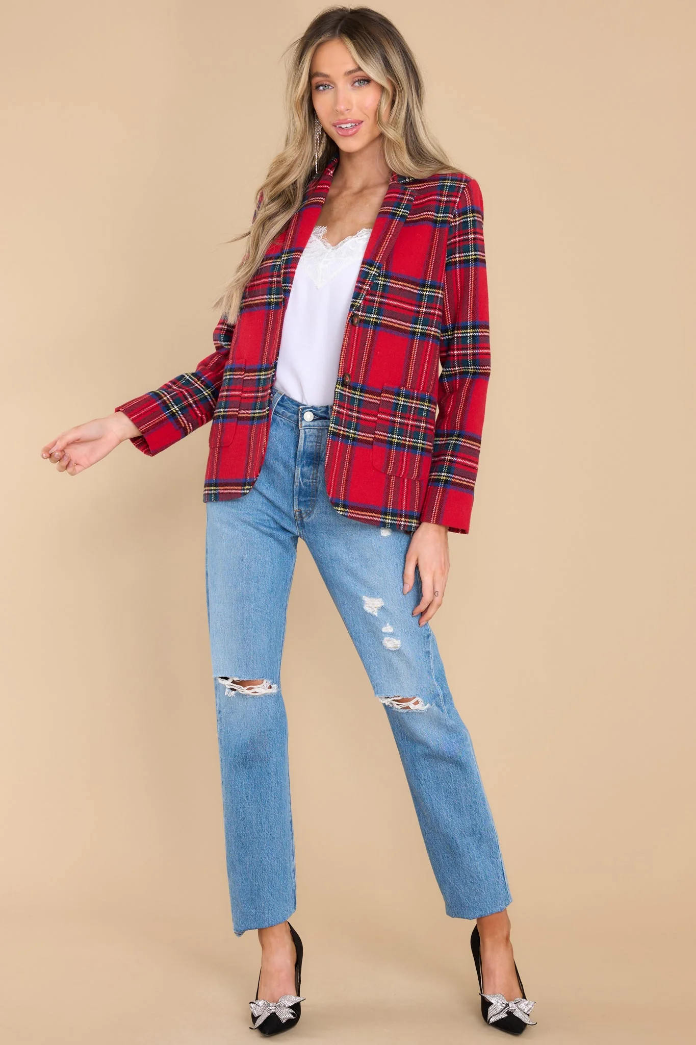 Dressed In Time Red Plaid Blazer | Red Dress 