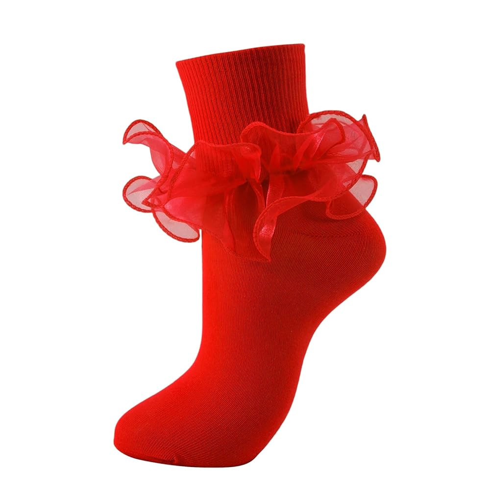 Women Big Ruffle Ankle Socks Adult Double Lace Frilly Socks Fold Cuff Cotton Ruffled Dress Crew B... | Amazon (US)