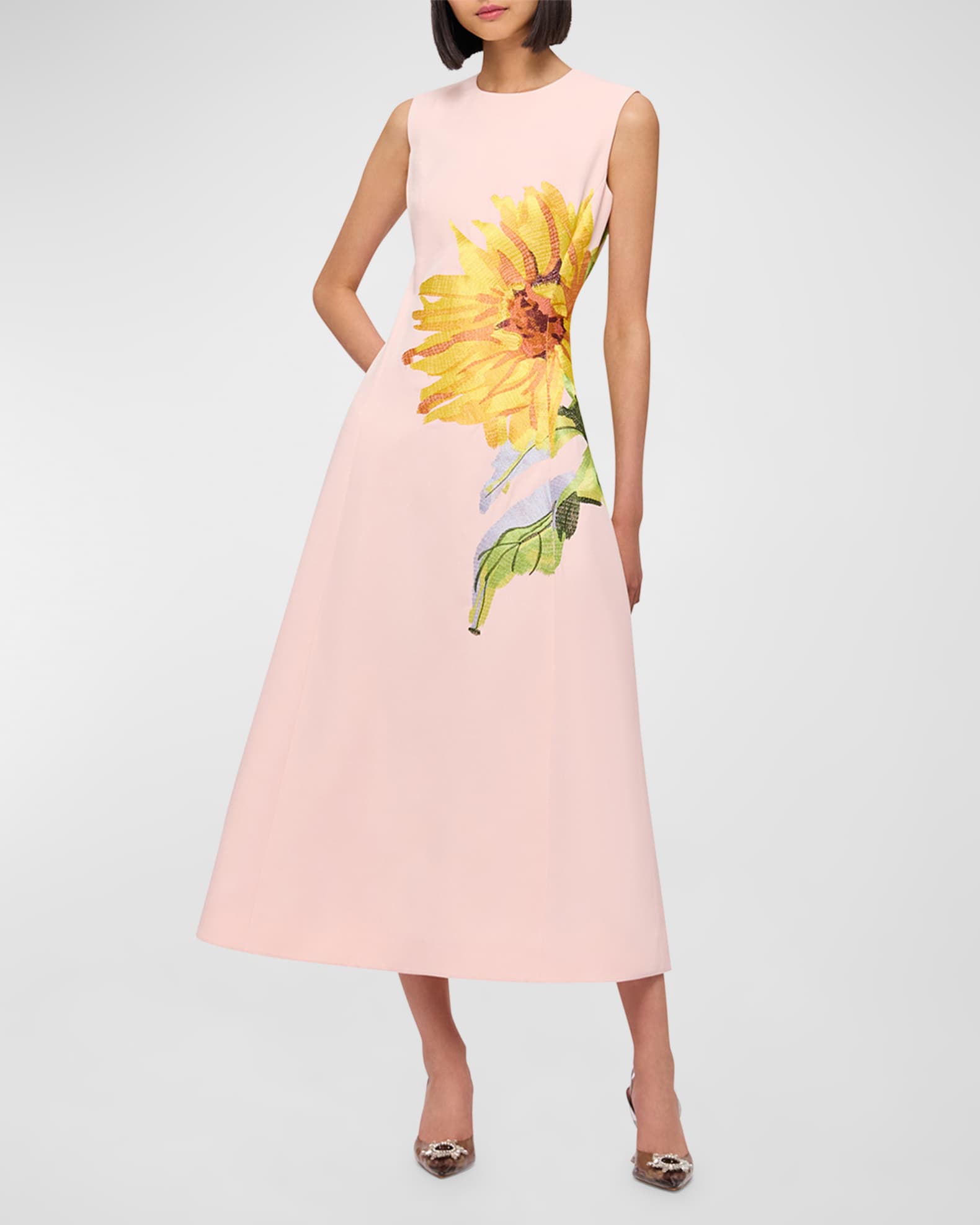 LEO LIN Cleo Sunflower-Embroidered Midi Dress | Neiman Marcus
