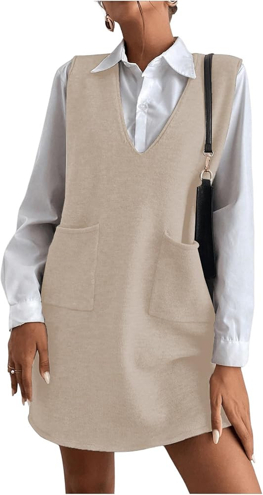 OYOANGLE Women's V Neck Sleeveless Knitted Solid Short Sweater Dress with Pockets | Amazon (US)