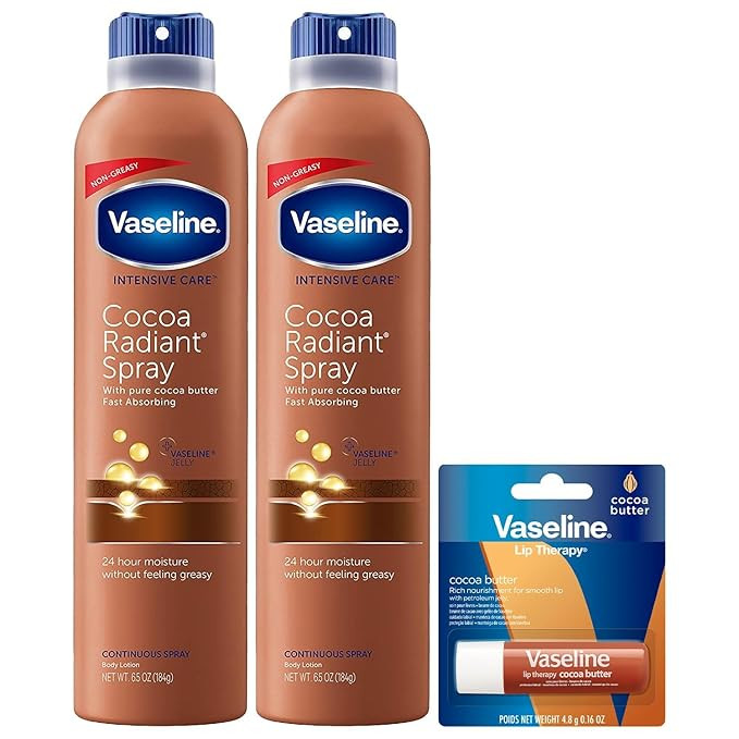 Vaseline Cocoa Radiant Spray 2-Pack for Dry Skin + Vaseline Lip Therapy Cocoa Butter Lip Balm (3 ... | Amazon (US)