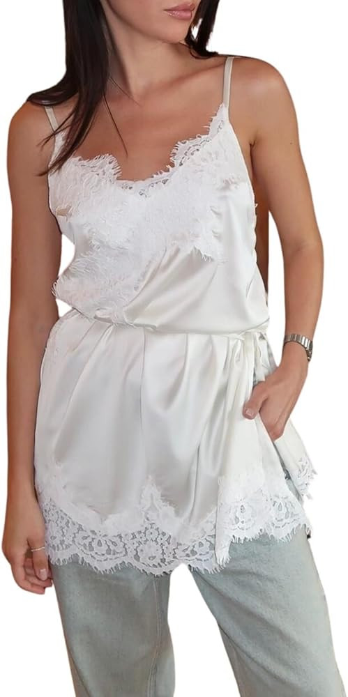Womens Satin Lace Trim Cami Y2k Spaghetti Strap Silk Lace Tank Top Asymmetrical Flowy Silky Layer... | Amazon (US)