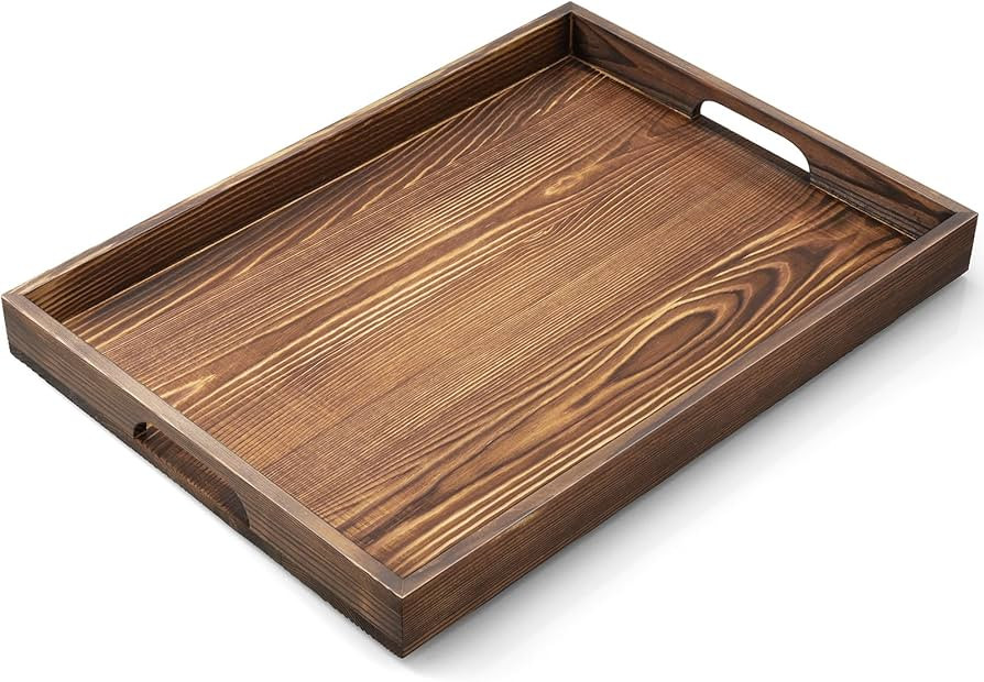 17 Inch Burnt Wood Serving Tray with Handles - Large Wooden Tray for Ottoman, Breakfast in Bed, D... | Amazon (US)