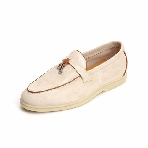 XOBZJH Women's Leather Suede Loafers Flats – Slip-On Penny Loafers with Soft, Comfortable Driving & Dress Shoes for Casual Office Work All Day Beige/Brown | Amazon (US)