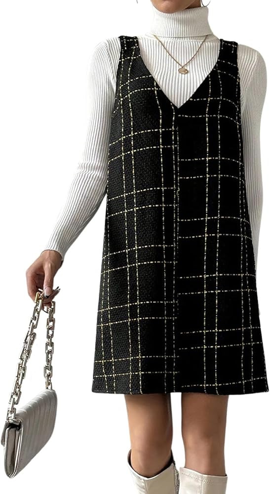 chouyatou Women Elegant A Line Tweed Pinafore Dress V Neck Sleeveless Plaid Mini Short Overall Ve... | Amazon (US)