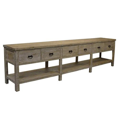 Tilda Rustic Lodge Grey Washed Wood 6 Drawer Console Table | Kathy Kuo Home