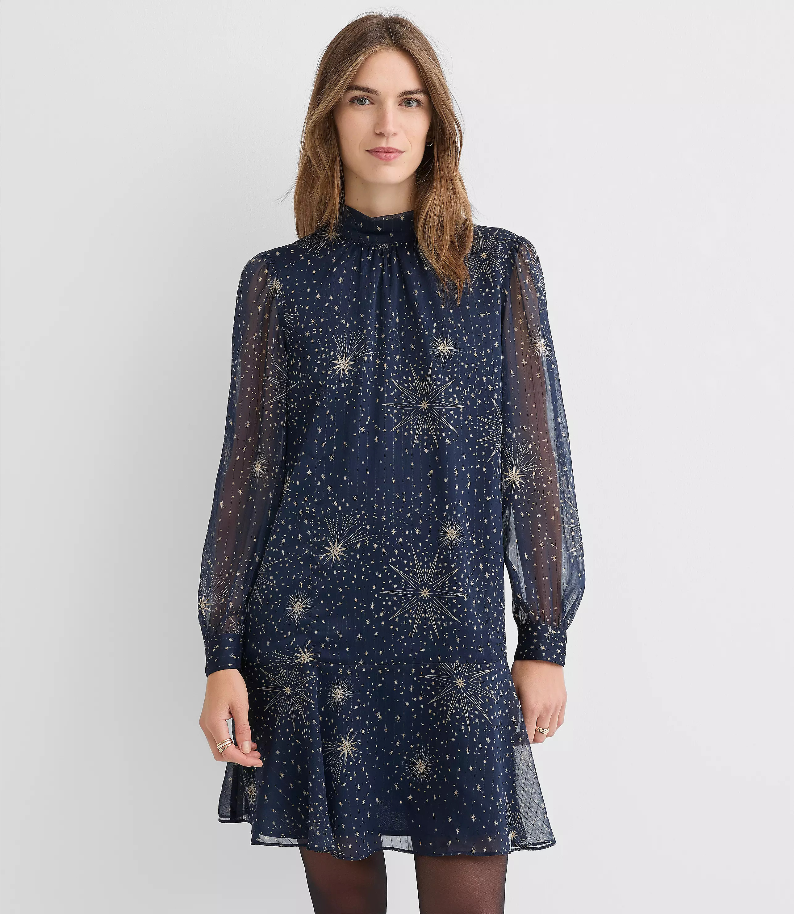 Shimmer Stripe Tie Neck Mini Flounce Dress | LOFT