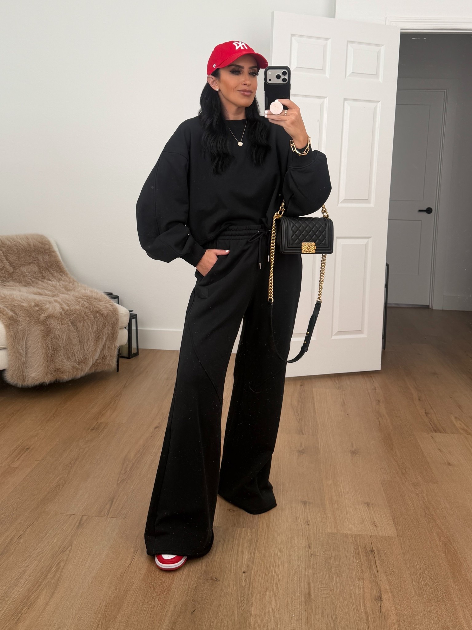 Jordan Flight Fleece Women's Flared Pants wearing size medium. Jordan Flight Fleece Women's Mod-Crop Crew-Neck Sweatshirt size medium. 
