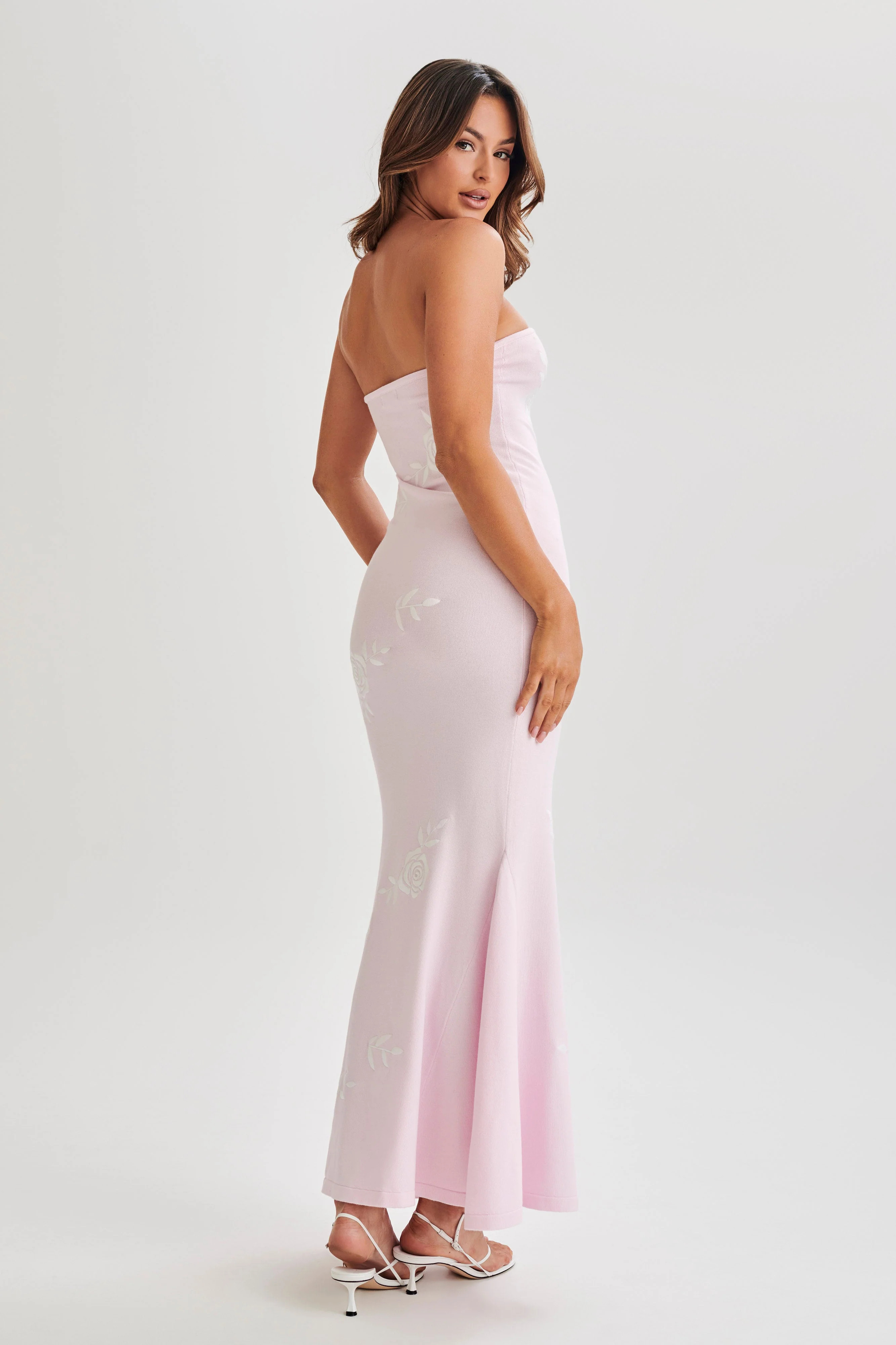 Lorelai Strapless Rose Knit Maxi Dress - Fairy Floss Pink | MESHKI US