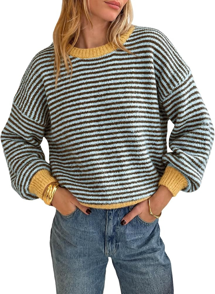 Cicy Bell Womens Striped Sweater Loose Fit Color Block Knit Pullover Tops | Amazon (US)