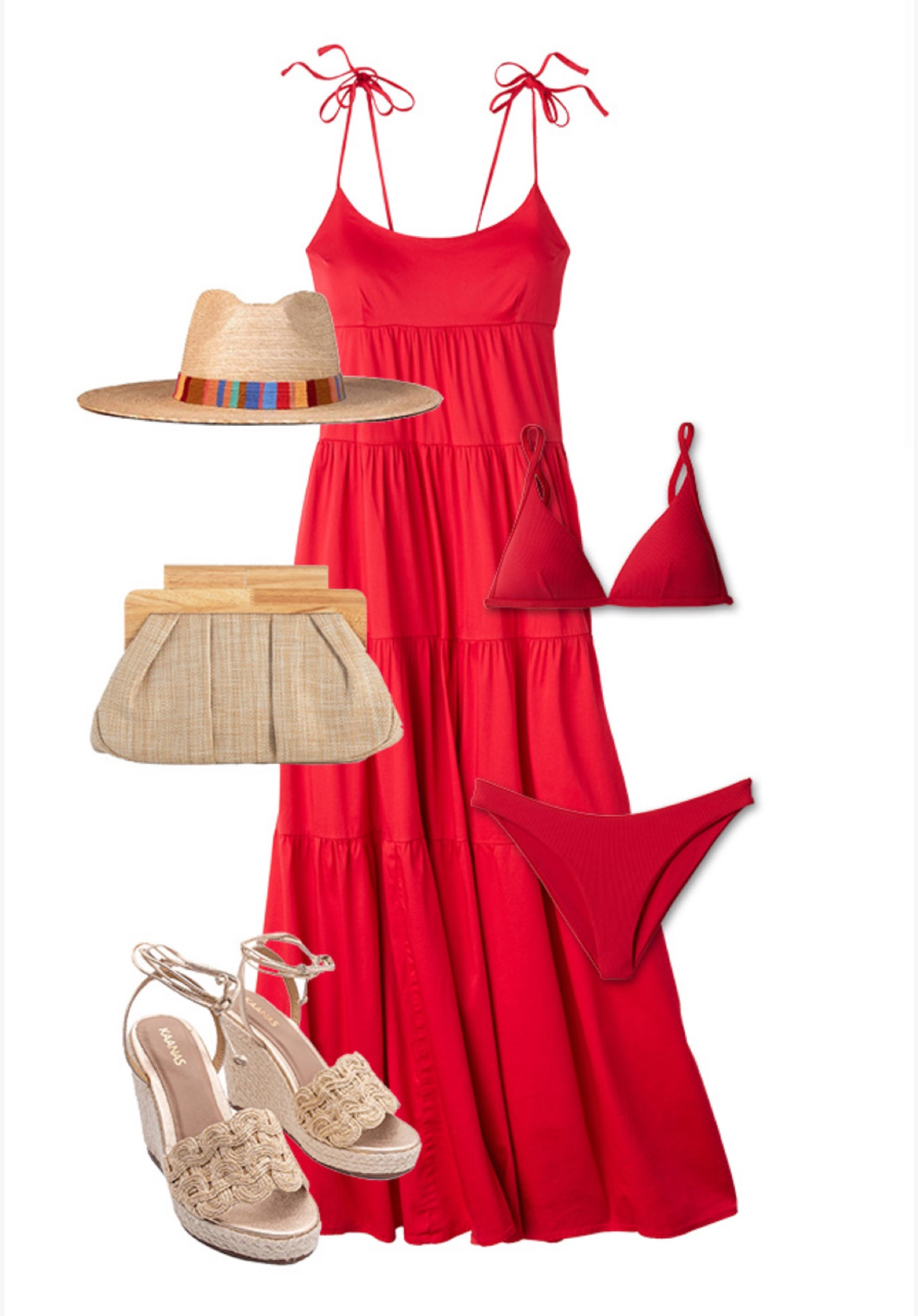 Your perfect vacation or cruise outfit! Long red maxi dress, red bikini, raffia wedge sandals, Panama straw hat, straw bag and woven earrings. #ltkresortwear #ltkcruise #ltksummer

#LTKtravel #LTKSeasonal #LTKswim