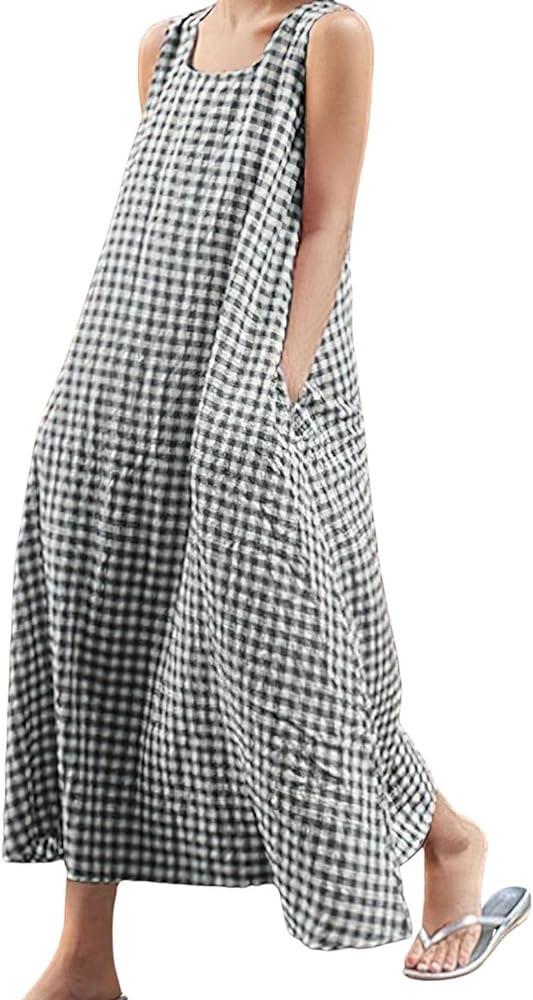 chouyatou Women's Casual Loose-Fit Cotton and Linen Plaid Tank Maxi Dress with Pockets | Amazon (US)