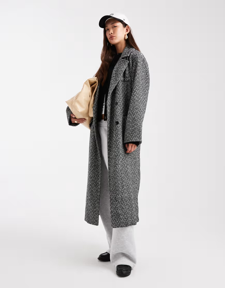 Wednesday's Girl double breated longline tweed coat in grey-Brown | ASOS (Global)