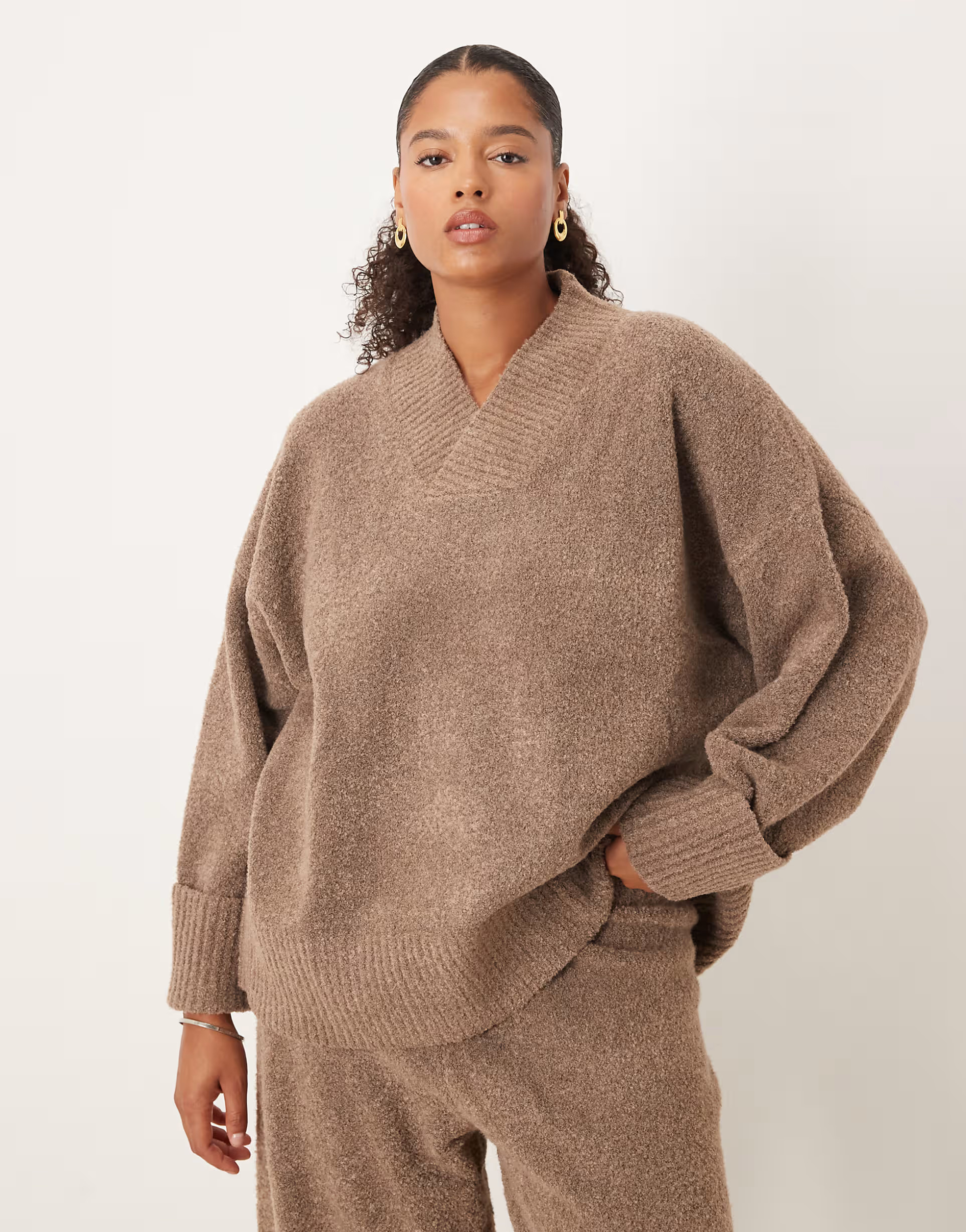 Pretty Lavish Curve textured knit jumper and trouser co-ord in deep taupe | ASOS (Global)