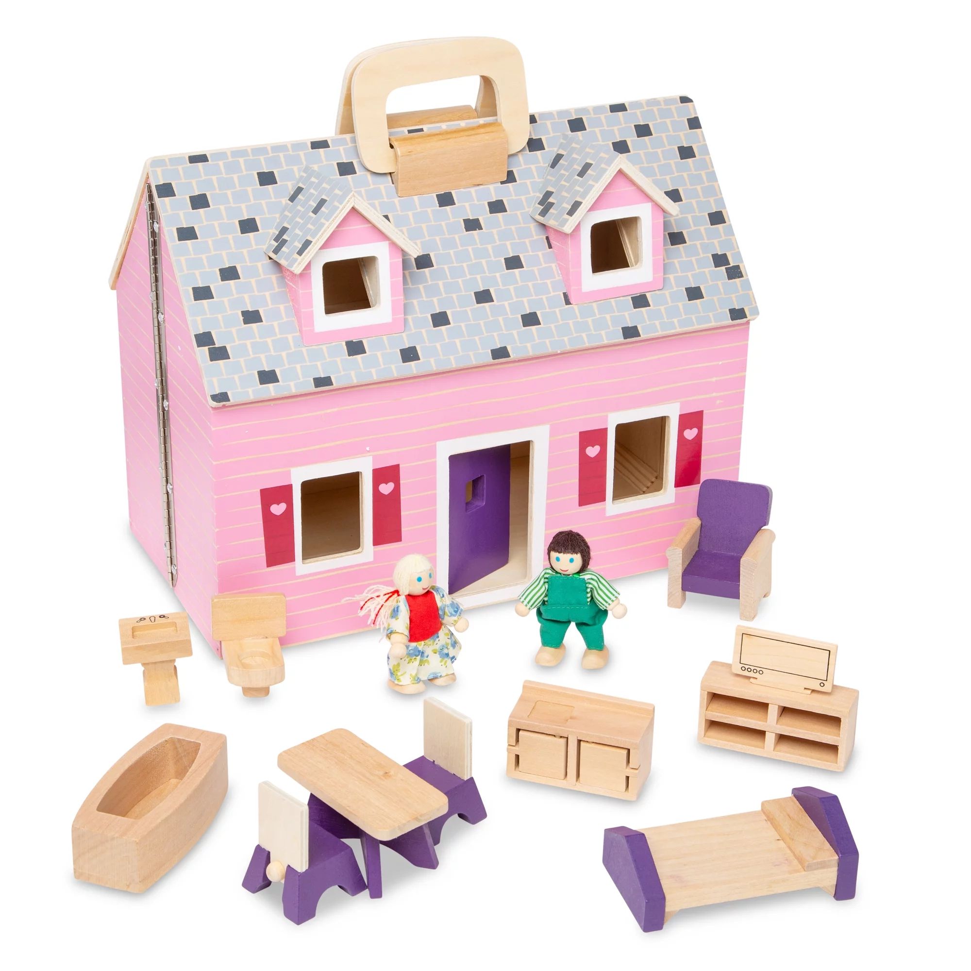 Melissa & Doug Fold and Go Wooden Dollhouse With 4 Dolls and Wooden Furniture | Walmart (US)